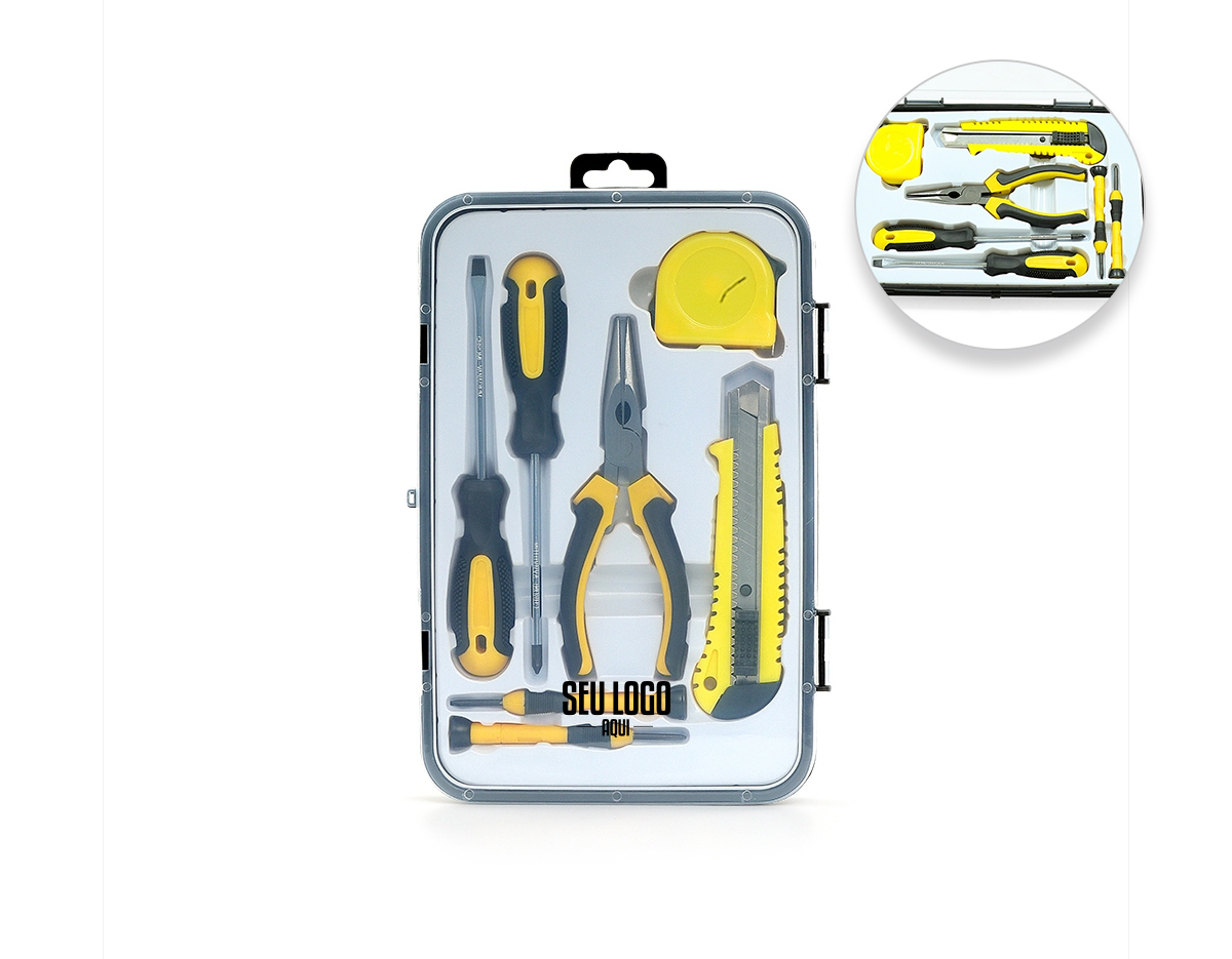 kit ferramentas 7 peças em estojo plástico com trava de segurança. Acompanha chaves Philips e fenda com ponteira magnética, trena de 2 metros, estilete, alicate e duas chaves de precisão, Philips e fenda.