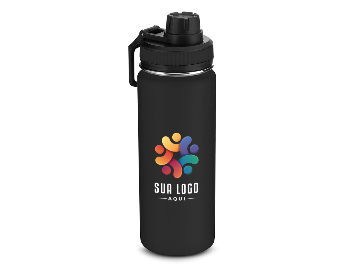 Garrafa térmica em inox com parede dupla com capacidade de até 570 ml. Tampa rosqueável, alça de plástico e anel de silicone para vedação. Pintura eletrostática.