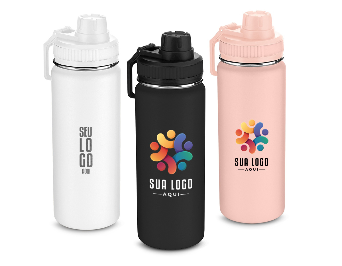 Garrafa térmica em inox com parede dupla com capacidade de até 570 ml. Tampa rosqueável, alça de plástico e anel de silicone para vedação. Pintura eletrostática.