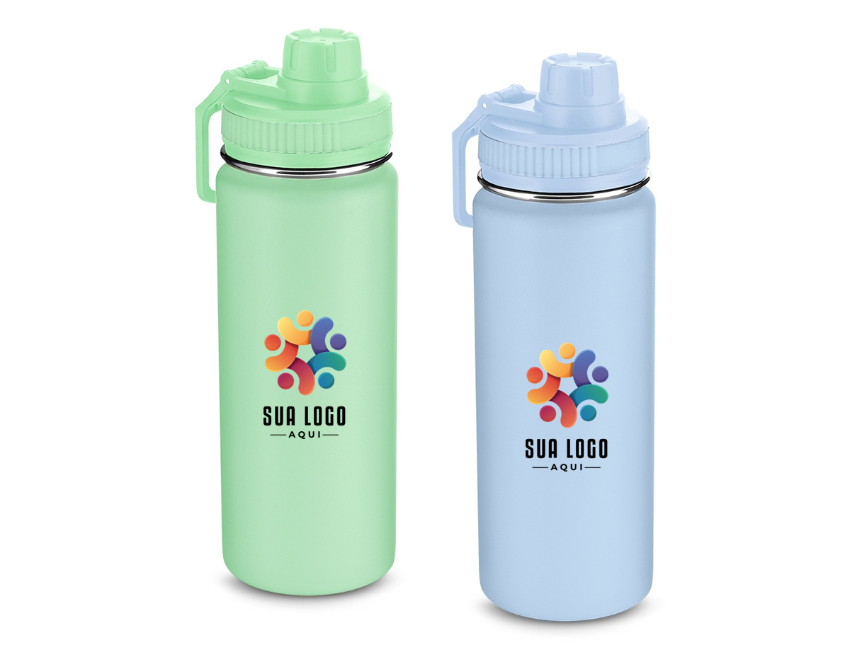 Garrafa térmica em inox com parede dupla com capacidade de até 570 ml. Tampa rosqueável, alça de plástico e anel de silicone para vedação. Pintura eletrostática.