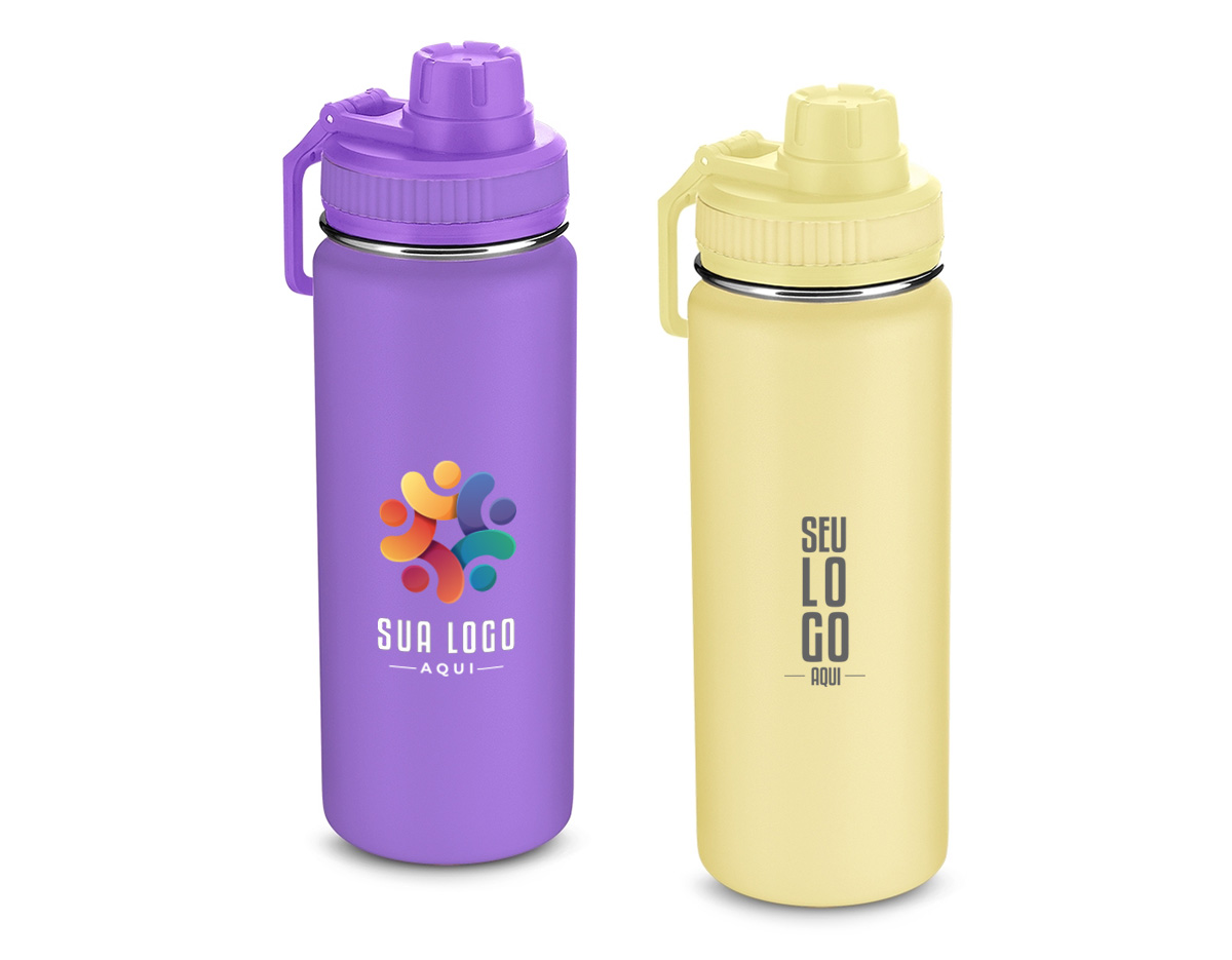 Garrafa térmica em inox com parede dupla com capacidade de até 570 ml. Tampa rosqueável, alça de plástico e anel de silicone para vedação. Pintura eletrostática.