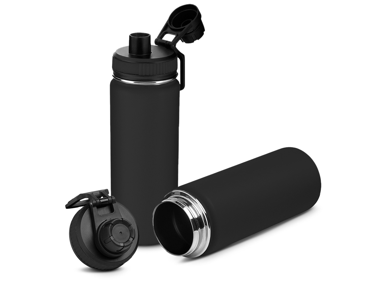 Garrafa térmica em inox com parede dupla com capacidade de até 570 ml. Tampa rosqueável, alça de plástico e anel de silicone para vedação. Pintura eletrostática.