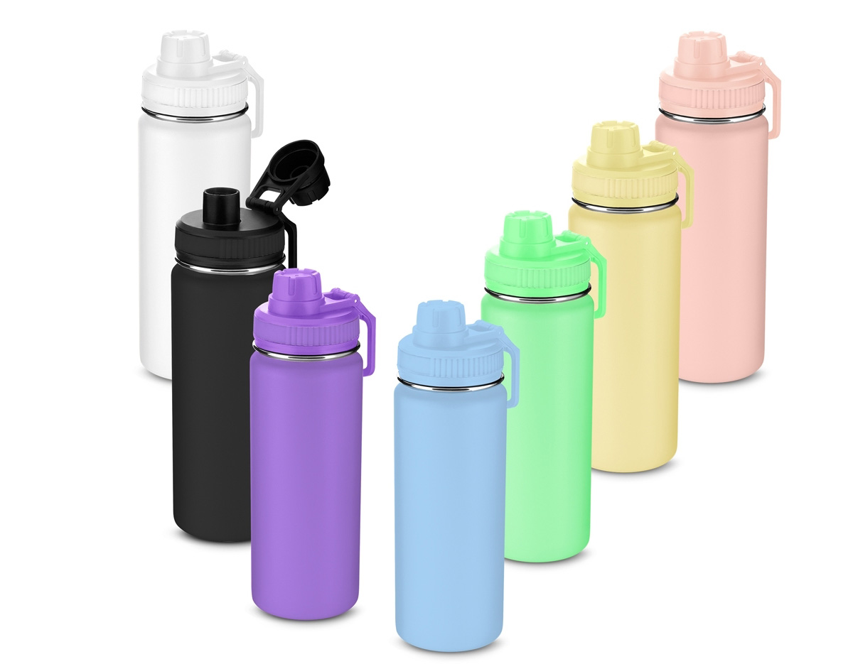 Garrafa térmica em inox com parede dupla com capacidade de até 570 ml. Tampa rosqueável, alça de plástico e anel de silicone para vedação. Pintura eletrostática.