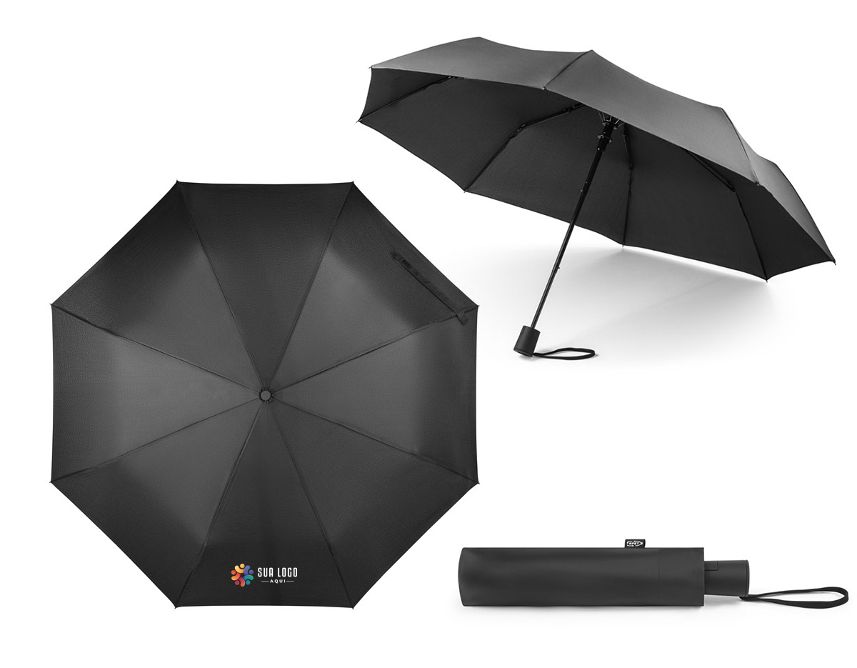 Guarda-chuva em poliéster 100% reciclado 190T pongee, com varetas em fibra de vidro e pega em PP. O guarda-chuva, dobrável em 3 secções, tem abertura automática e é à prova de vento.