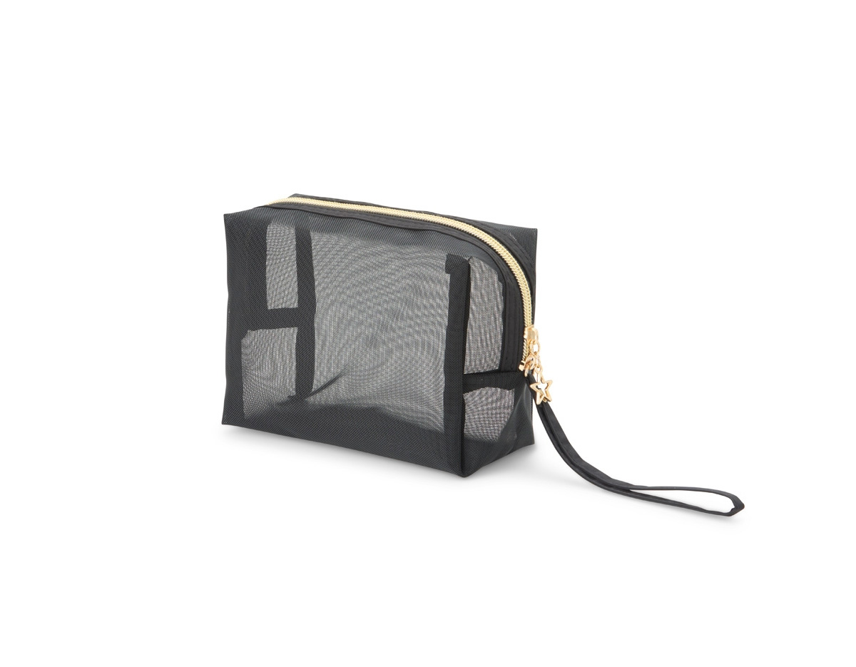 Nécessaire confeccionada em malha de nylon, com design que permite fácil visualização dos itens armazenados, trazendo praticidade ao dia a dia. Leve e funcional, é ideal para organizar cosméticos e acessórios com rapidez e eficiência. Os detalhes em dourado no zíper agregam elegância e sofisticação ao acabamento, tornando-a uma excelente opção de brinde corporativo moderno e atrativo.