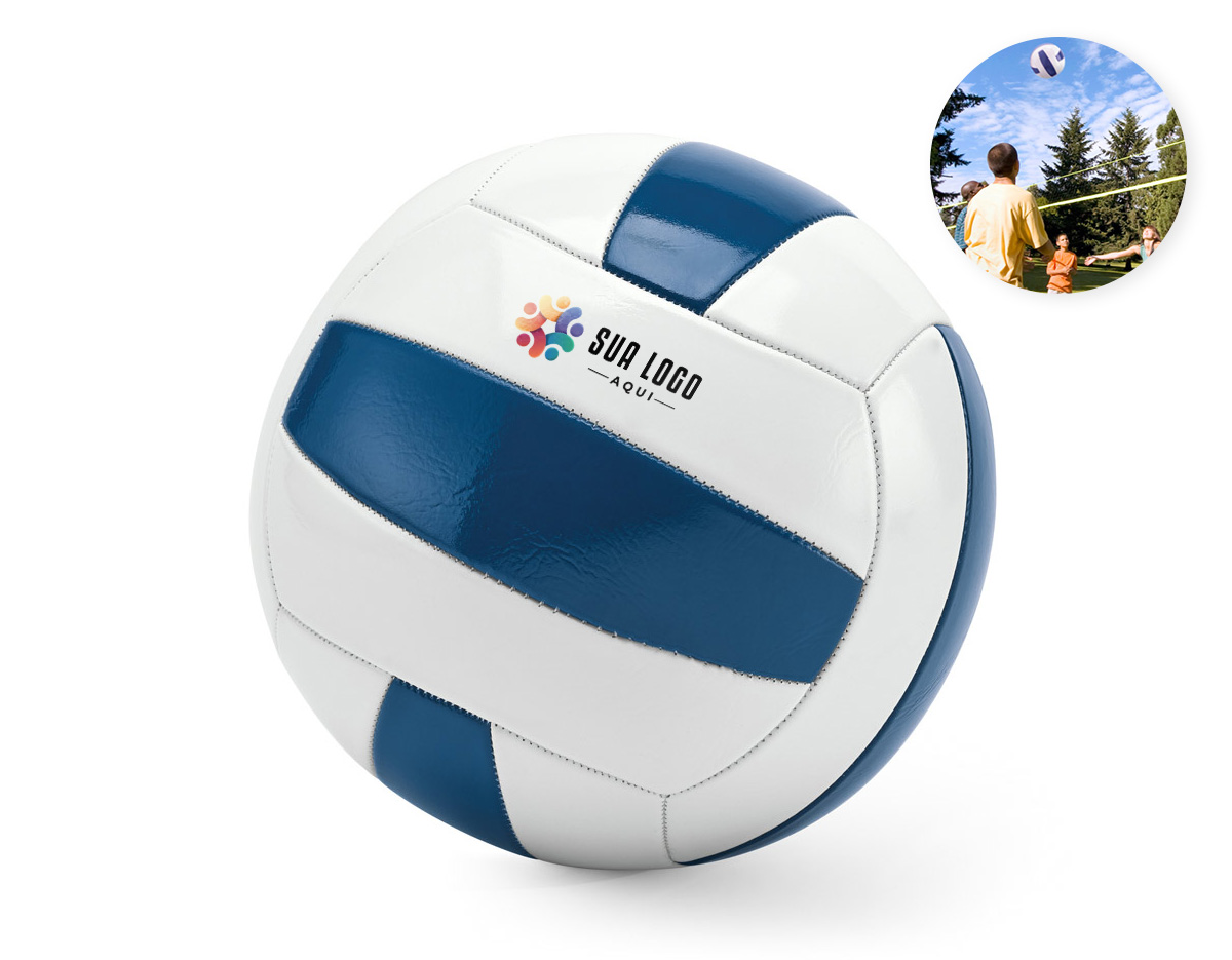 Bola de voleibol em PVC, com faixas azuis e brancas. Produto certificado conforme a portaria Inmetro nº 302 de 12/Jul/2021, garantindo segurança e qualidade. Tamanho 5, ideal para partidas e treinos.