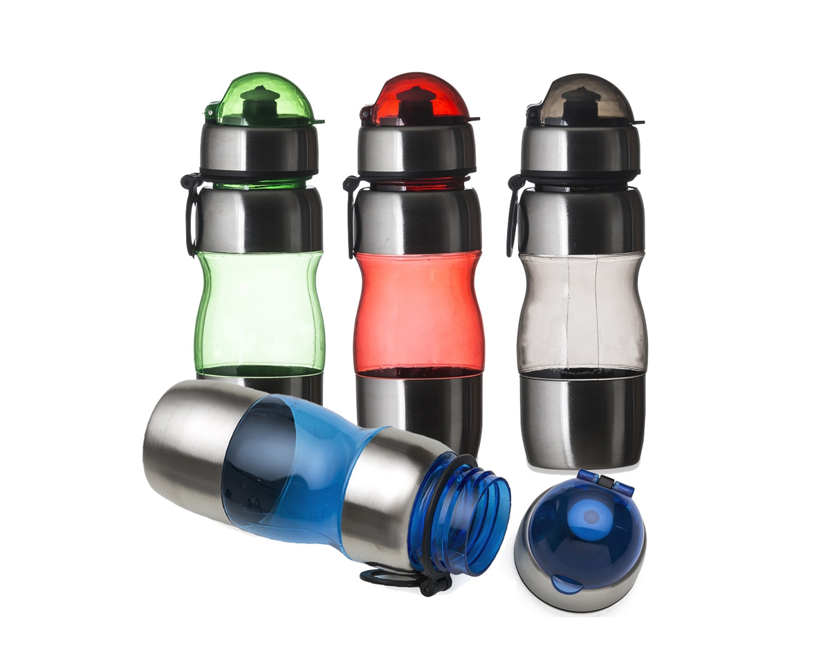 Squeeze de alumínio 450ml com alça plástica e detalhes coloridos. Possui tampa de bico e tampa protetora de plástico resistente.