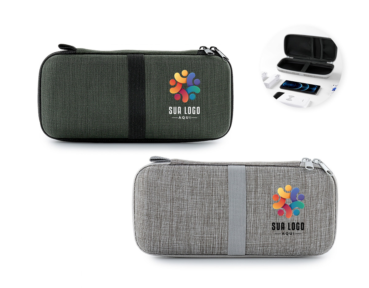 Estojo de proteção para eletrônicos, confeccionado em nylon resistente à água. Possui bolsos telados e elásticos, tanto na parte interna quanto externa, para organização e fixação segura dos itens, oferecendo praticidade e proteção.