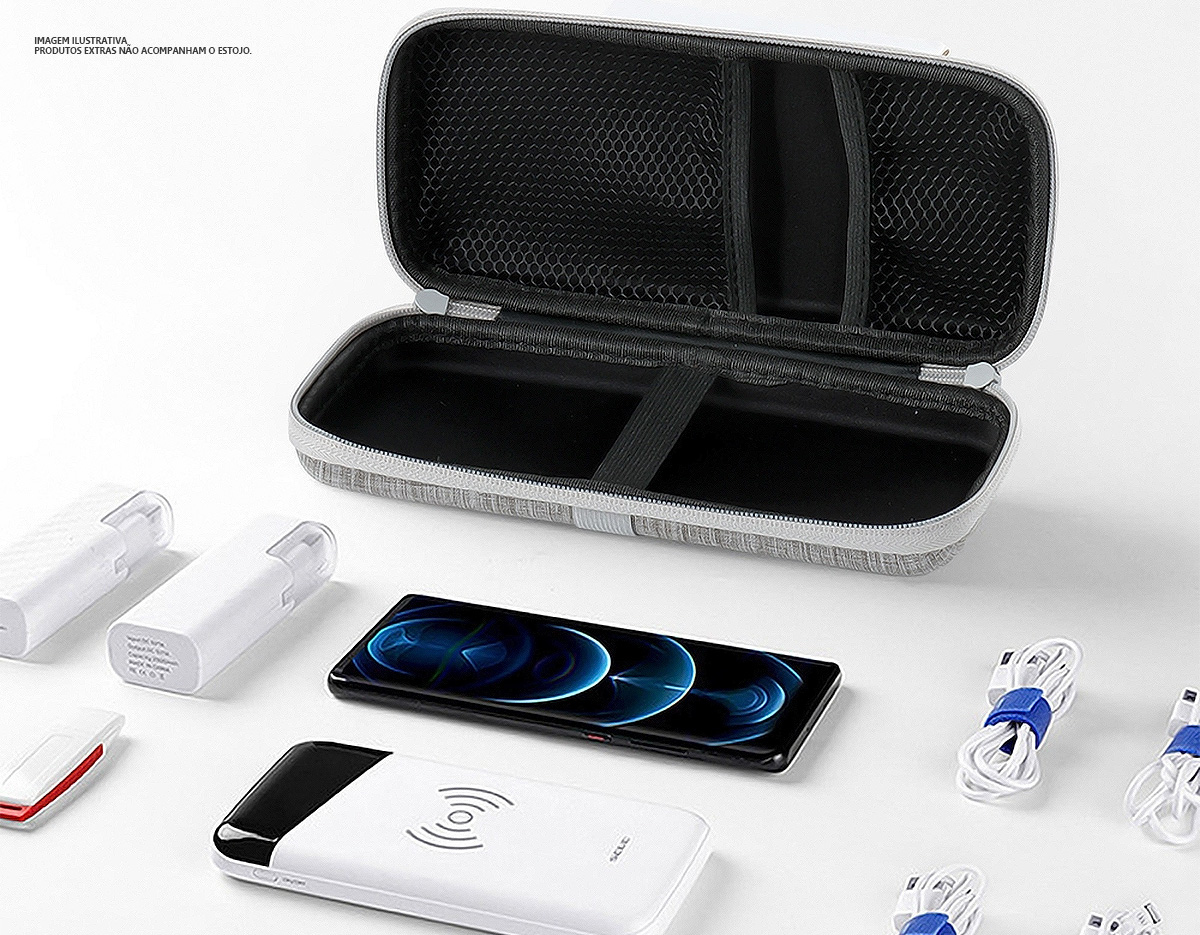 Estojo de proteção para eletrônicos, confeccionado em nylon resistente à água. Possui bolsos telados e elásticos, tanto na parte interna quanto externa, para organização e fixação segura dos itens, oferecendo praticidade e proteção.