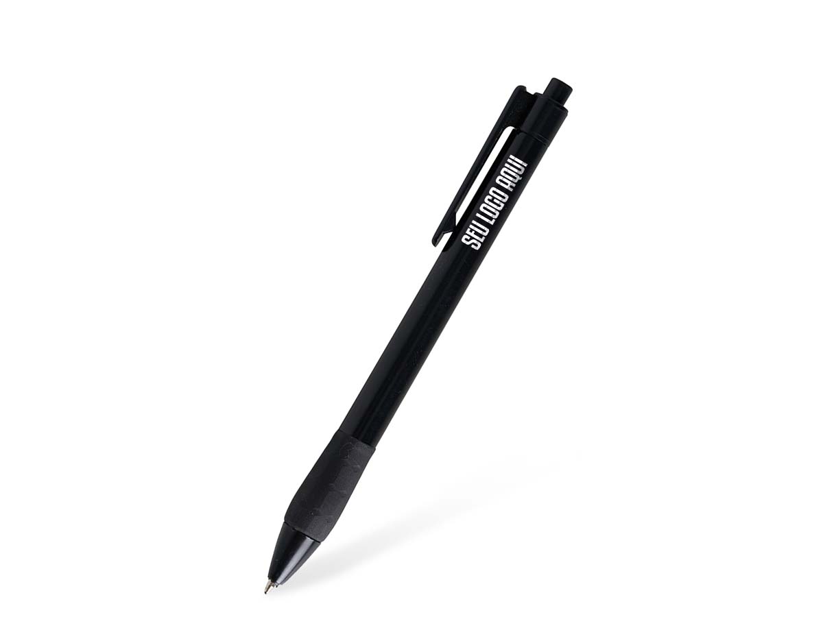 Caneta plástica com detalhe emborrachado para maior conforto, tinta esferográfica azul e acionamento prático por clique.