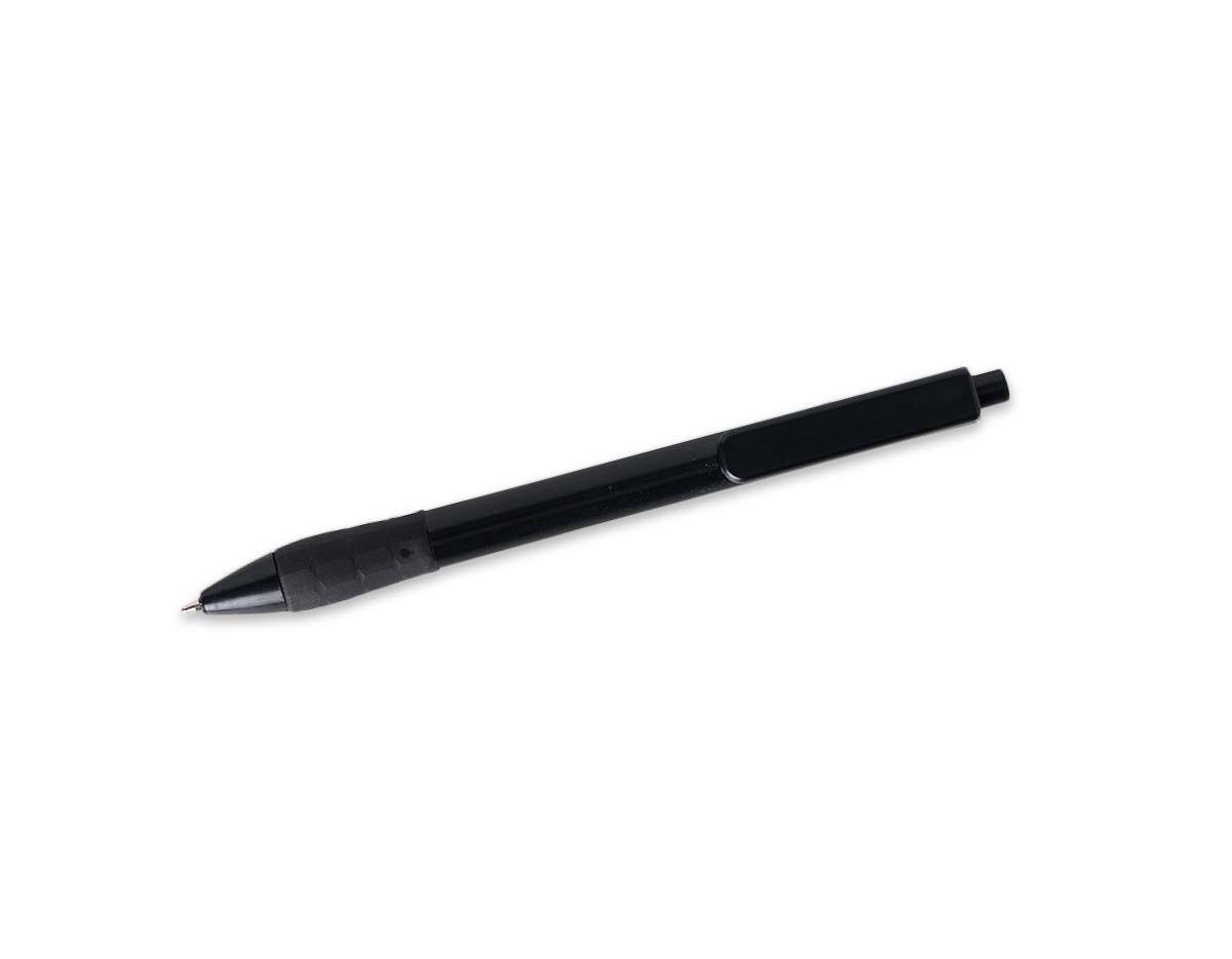 Caneta plástica com detalhe emborrachado para maior conforto, tinta esferográfica azul e acionamento prático por clique.