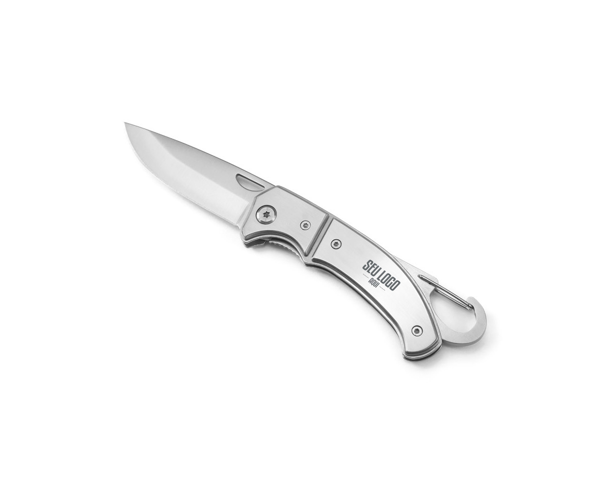 Canivete em aço inox e metal com fecho de segurança e clipe. Fornecido em caixa presente. 97 x 15 x 29mm | Caixa: 110 x 37 x 20 mm