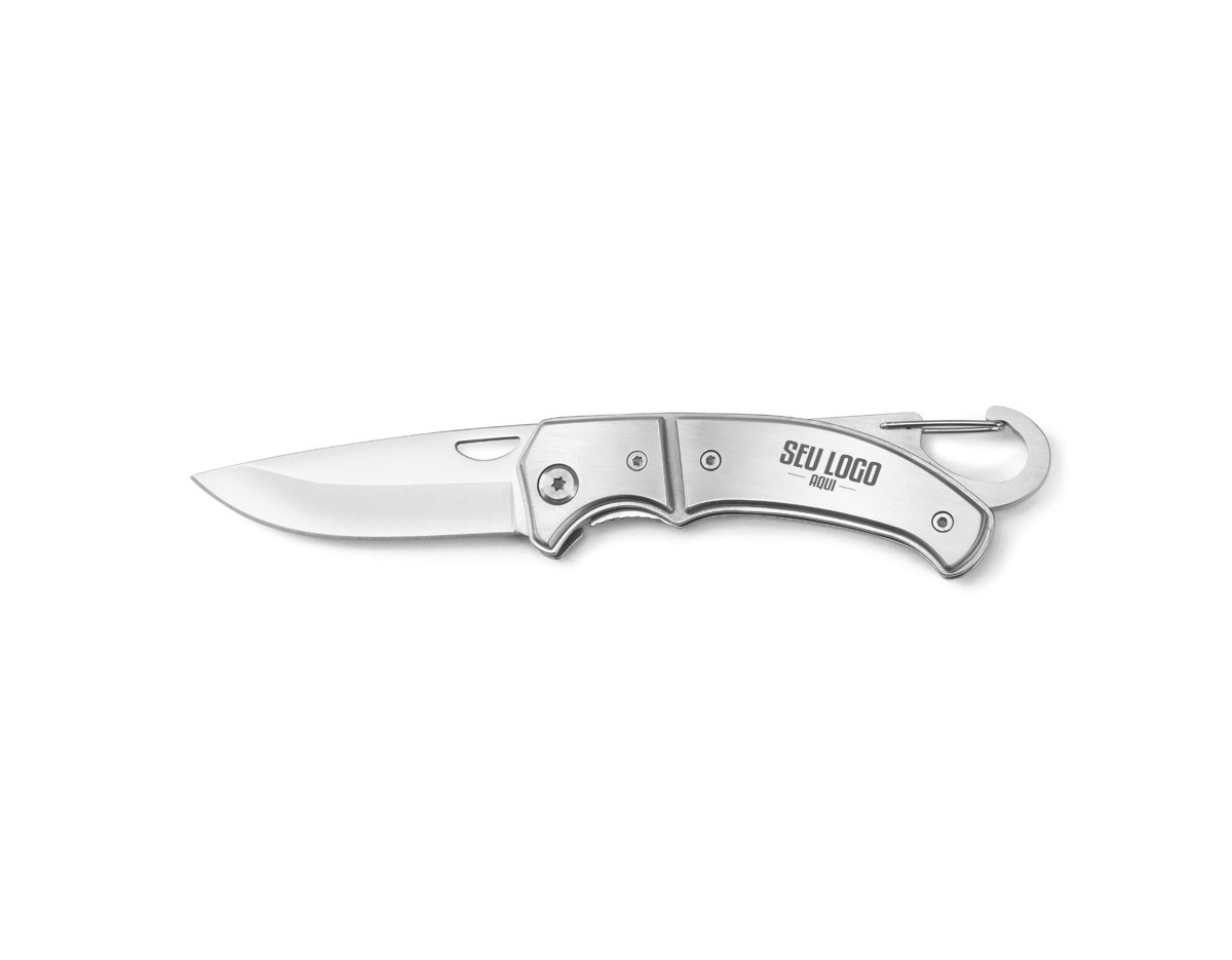 Canivete em aço inox e metal com fecho de segurança e clipe. Fornecido em caixa presente. 97 x 15 x 29mm | Caixa: 110 x 37 x 20 mm