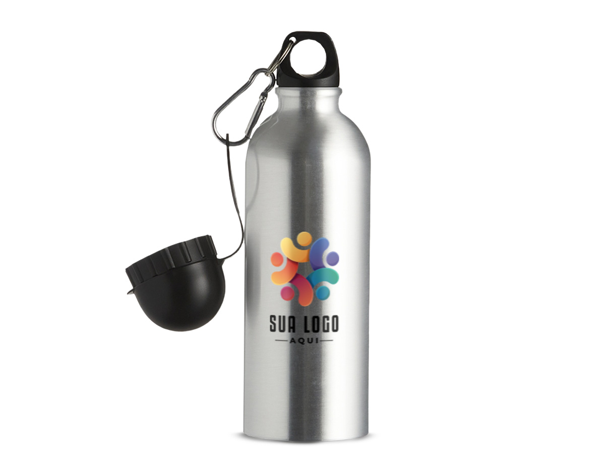 Squeeze de alumínio com capacidade de 500ml, possui acabamento especial para sublimação. Acompanha tampa rosqueável e um segundo bico com mosquetão para facilitar o transporte. Produto não térmico, ideal para uso diário.