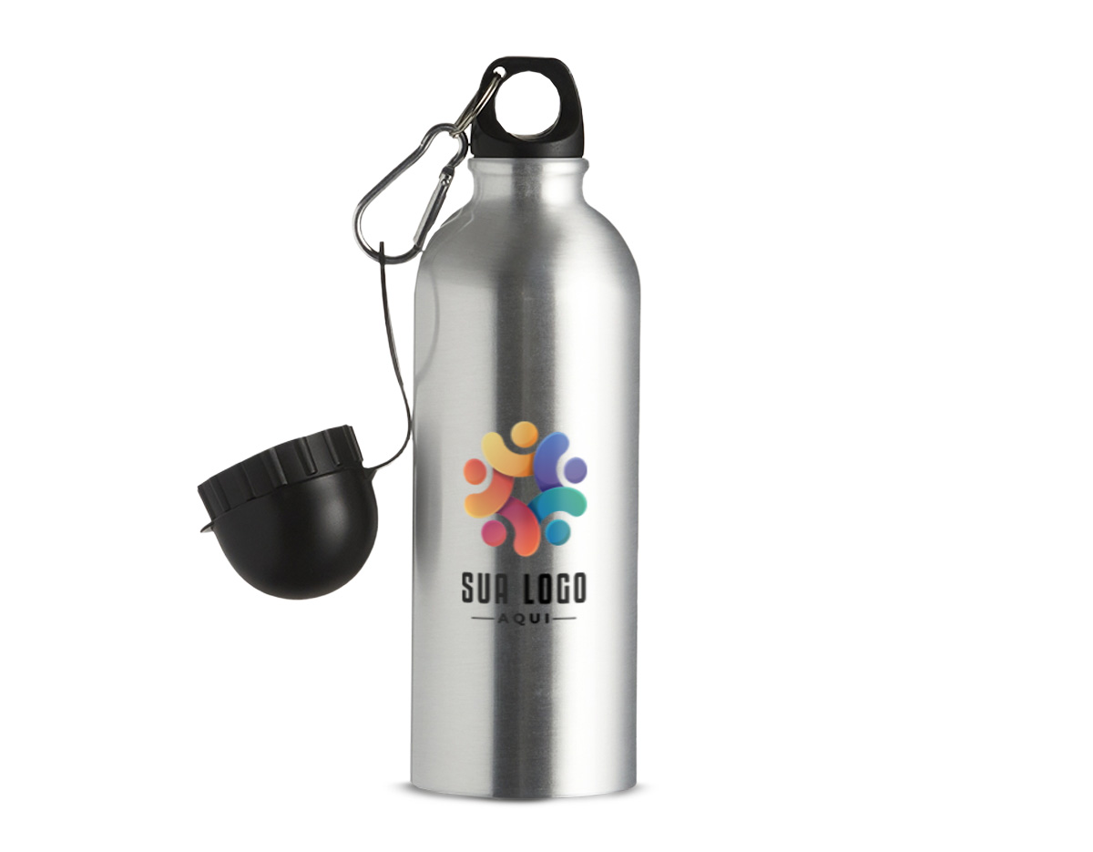 Squeeze de alumínio com capacidade de 500ml, possui acabamento especial para sublimação. Acompanha tampa rosqueável e um segundo bico com mosquetão para facilitar o transporte. Produto não térmico, ideal para uso diário.