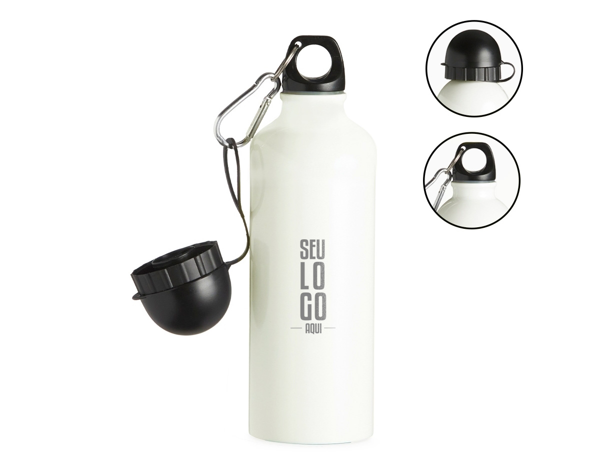 Squeeze de alumínio com capacidade de 500ml, possui acabamento especial para sublimação. Acompanha tampa rosqueável e um segundo bico com mosquetão para facilitar o transporte. Produto não térmico, ideal para uso diário.