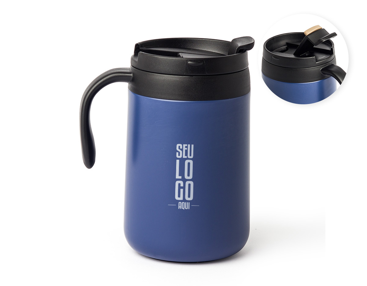 Caneca térmica feita em inox 304 com parede dupla, capacidade de 500ml. Contém tampa com acesso para o bocal, alça plástica e base antiderrapante.