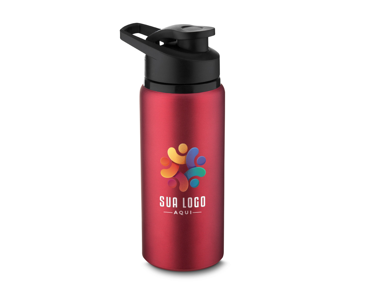 Garrafa de alumínio com capacidade de até 650ml. Tampa rosqueável em plástico e alça para transporte em plástico. Bico com tampa vedada de acesso rápido.