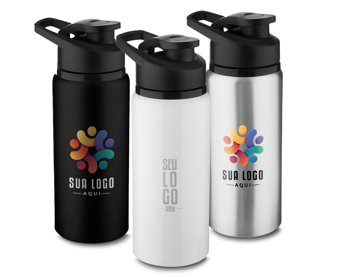 Garrafa de alumínio com capacidade de até 650ml. Tampa rosqueável em plástico e alça para transporte em plástico. Bico com tampa vedada de acesso rápido.