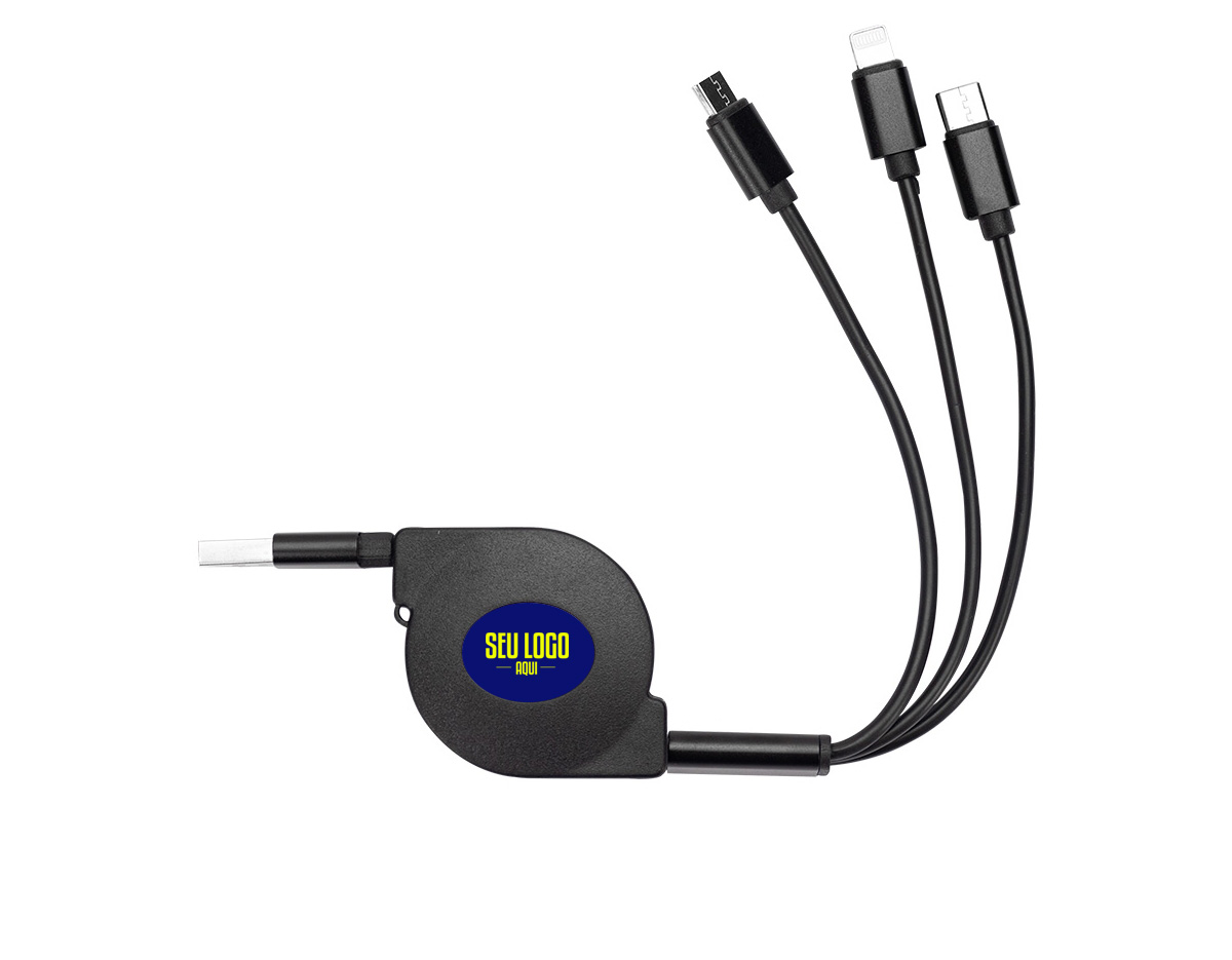 Cabo USB retrátil com as entradas Lightning/iPhone, V8/Android e Tipo-C/Android. Suporte com rolamento e trava automática. Suporte com frente lisa e parte traseira com área para aplicação de adesivo ou etiqueta resinada.
