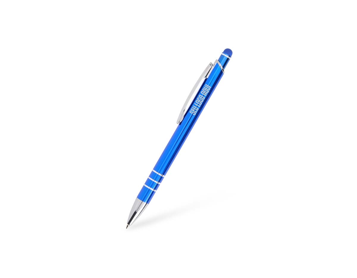 Caneta metálica com acionador touch, clipe metálico e ponteira plástica. Carga esferográfica azul 1.0mm e acionamento por clique