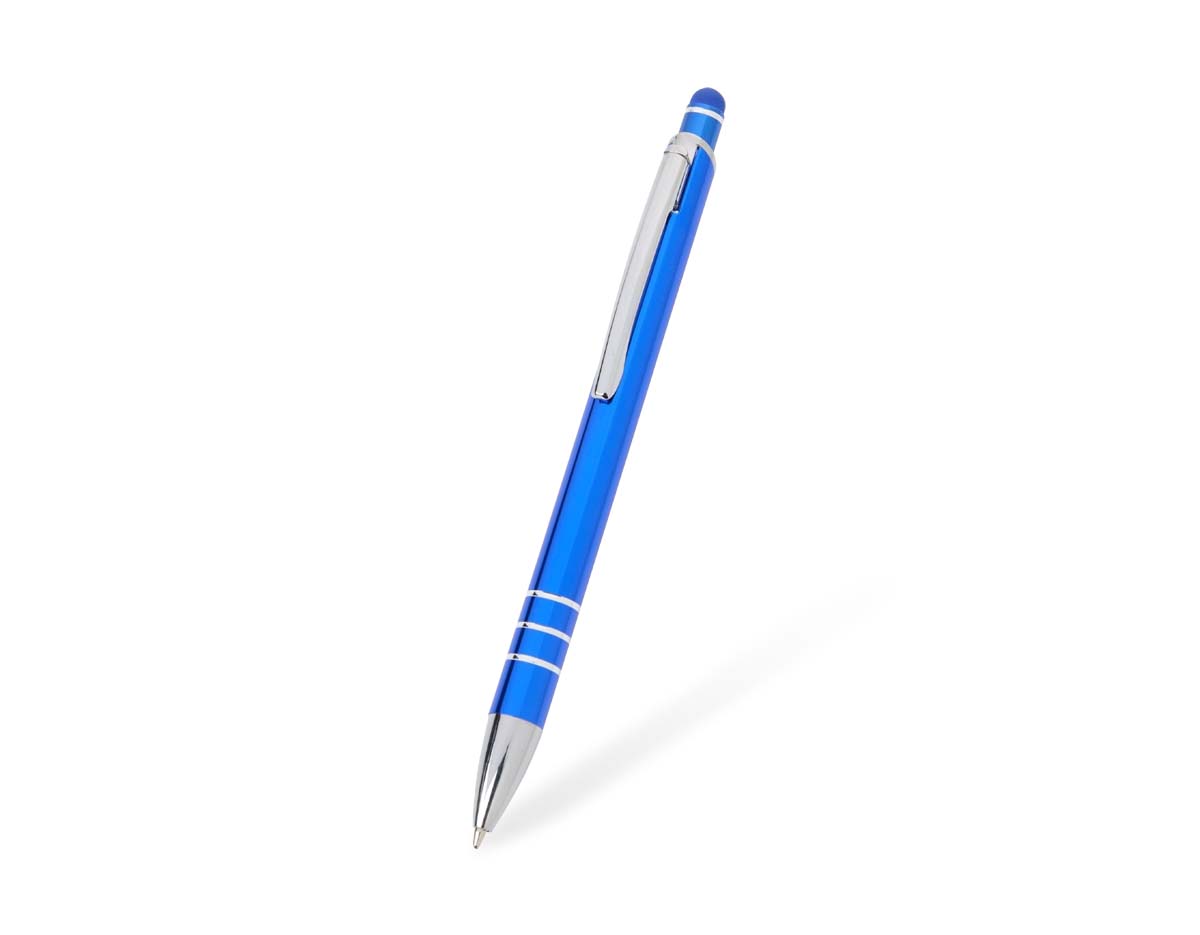 Caneta metálica com acionador touch, clipe metálico e ponteira plástica. Carga esferográfica azul 1.0mm e acionamento por clique