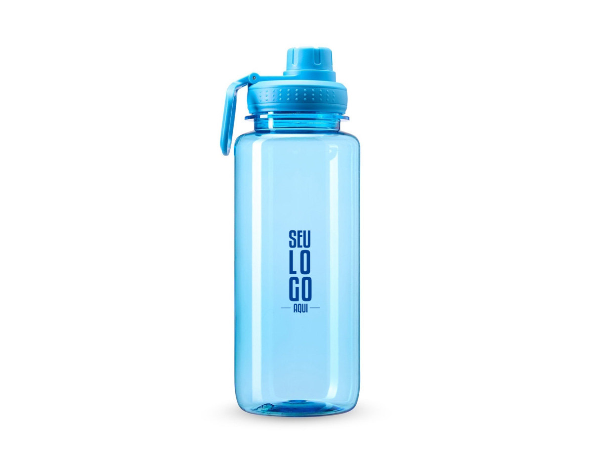 Squeeze de 1L em plástico resistente, com tampa e bocal rosqueáveis, alça integrada e protetor higiênico contra sujeiras. Prático e ideal para o dia a dia.