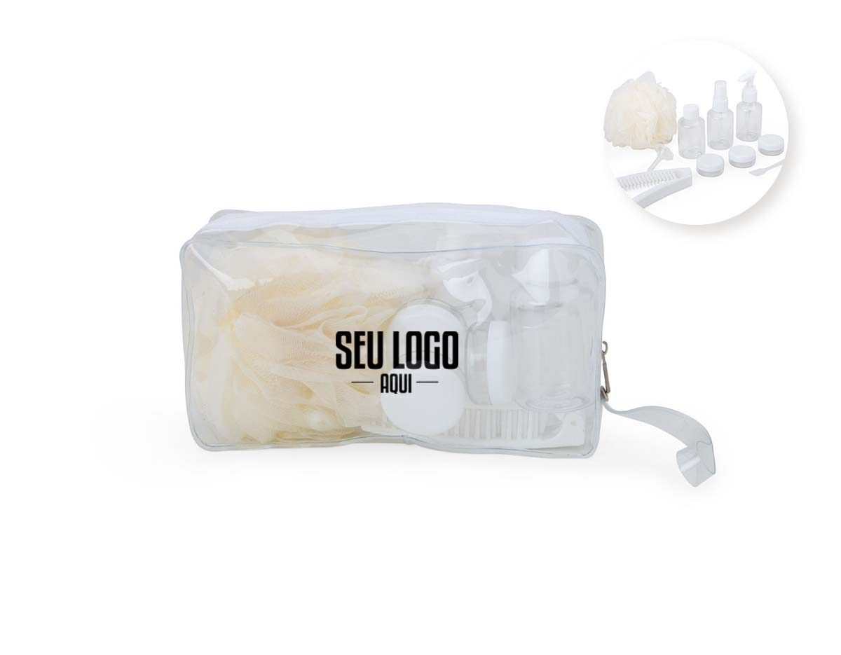 Este kit viagem oferece organização e praticidade em 10 peças essenciais para armazenar e aplicar produtos de higiene e beleza. Com frascos produzidos em PET, o kit contém 1 frasco spray de 60ml, 1 frasco com tampa rosqueável de 60ml, 1 frasco pump de 60ml com trava, 3 potinhos de 8ml, espátula, funil, escova de cabelo e pente 2 em 1 e uma esponja de nylon com alça, ideal para uso com sabonete líquido, deixando a pele mais suave e macia. Todas as peças vêm acomodadas em um estojo de PVC com alça, garantindo fácil transporte e um cuidado ideal para viagens ou eventos longe de casa.