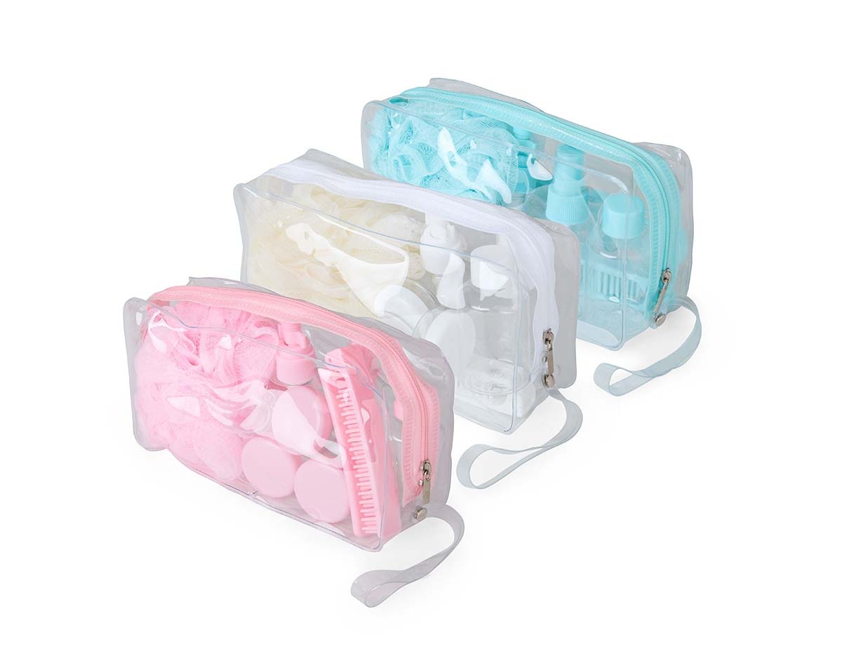 Este kit viagem oferece organização e praticidade em 10 peças essenciais para armazenar e aplicar produtos de higiene e beleza. Com frascos produzidos em PET, o kit contém 1 frasco spray de 60ml, 1 frasco com tampa rosqueável de 60ml, 1 frasco pump de 60ml com trava, 3 potinhos de 8ml, espátula, funil, escova de cabelo e pente 2 em 1 e uma esponja de nylon com alça, ideal para uso com sabonete líquido, deixando a pele mais suave e macia. Todas as peças vêm acomodadas em um estojo de PVC com alça, garantindo fácil transporte e um cuidado ideal para viagens ou eventos longe de casa.