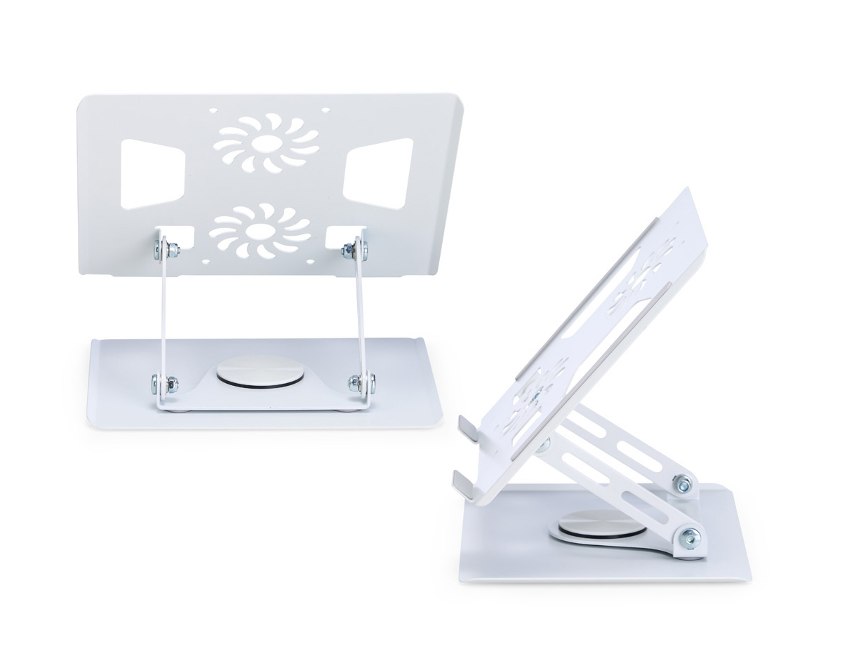 Suporte articulado para notebook com ajuste de ângulo e rotação. Em aço, oferece ergonomia, dissipação de calor e tiras antiderrapantes para uso seguro em casa, trabalho ou escola.