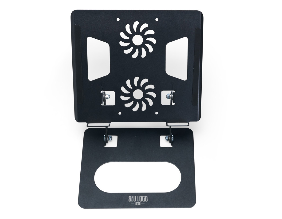Suporte de aço articulado para notebook com ajuste de ângulo, tiras antiderrapantes e aberturas para ventilação. Oferece conforto e ergonomia em casa, no trabalho ou na escola.