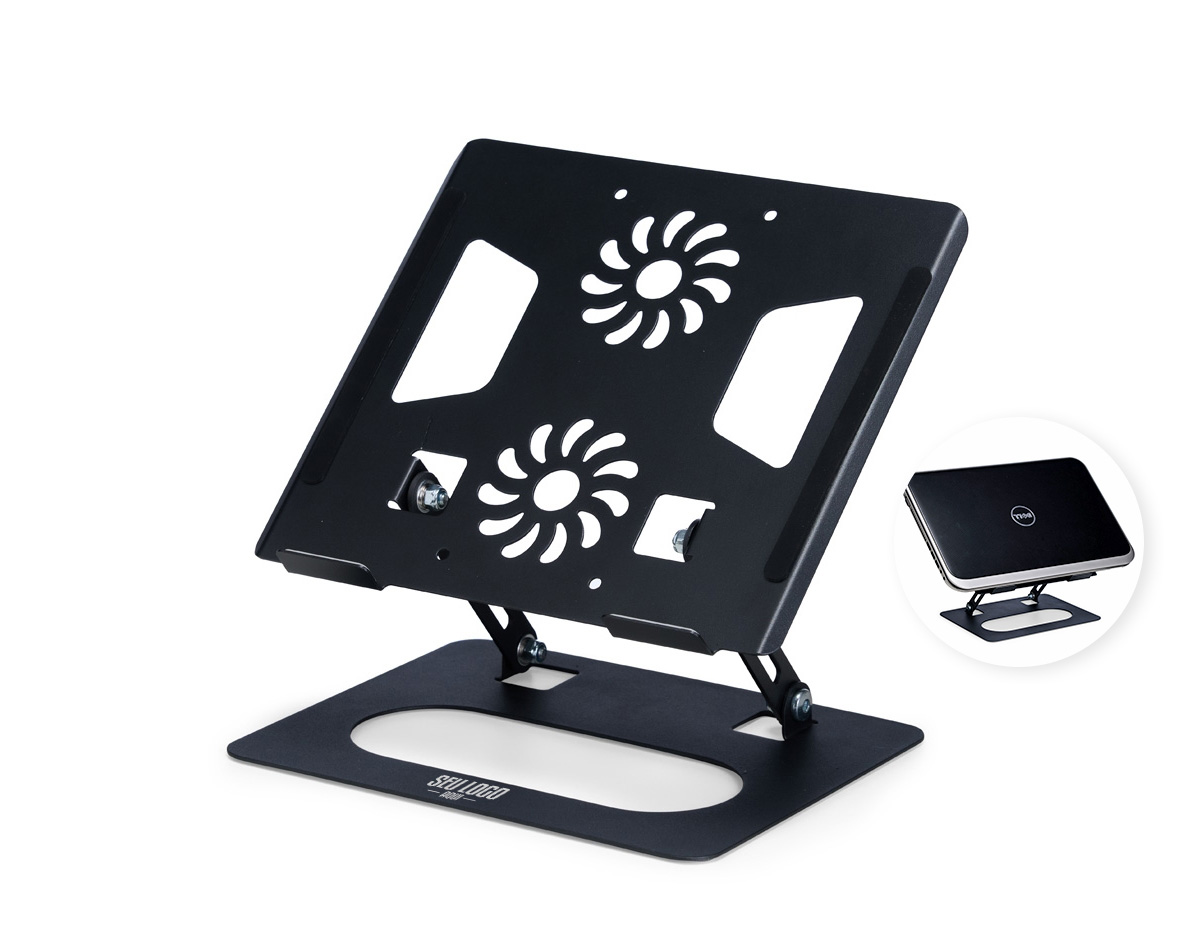 Suporte de aço articulado para notebook com ajuste de ângulo, tiras antiderrapantes e aberturas para ventilação. Oferece conforto e ergonomia em casa, no trabalho ou na escola.
