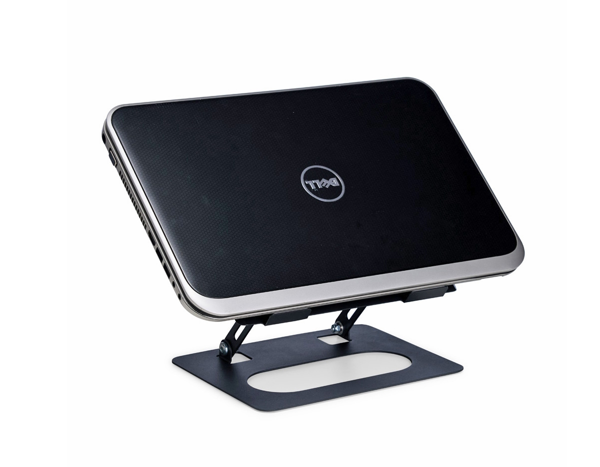 Suporte de aço articulado para notebook com ajuste de ângulo, tiras antiderrapantes e aberturas para ventilação. Oferece conforto e ergonomia em casa, no trabalho ou na escola.