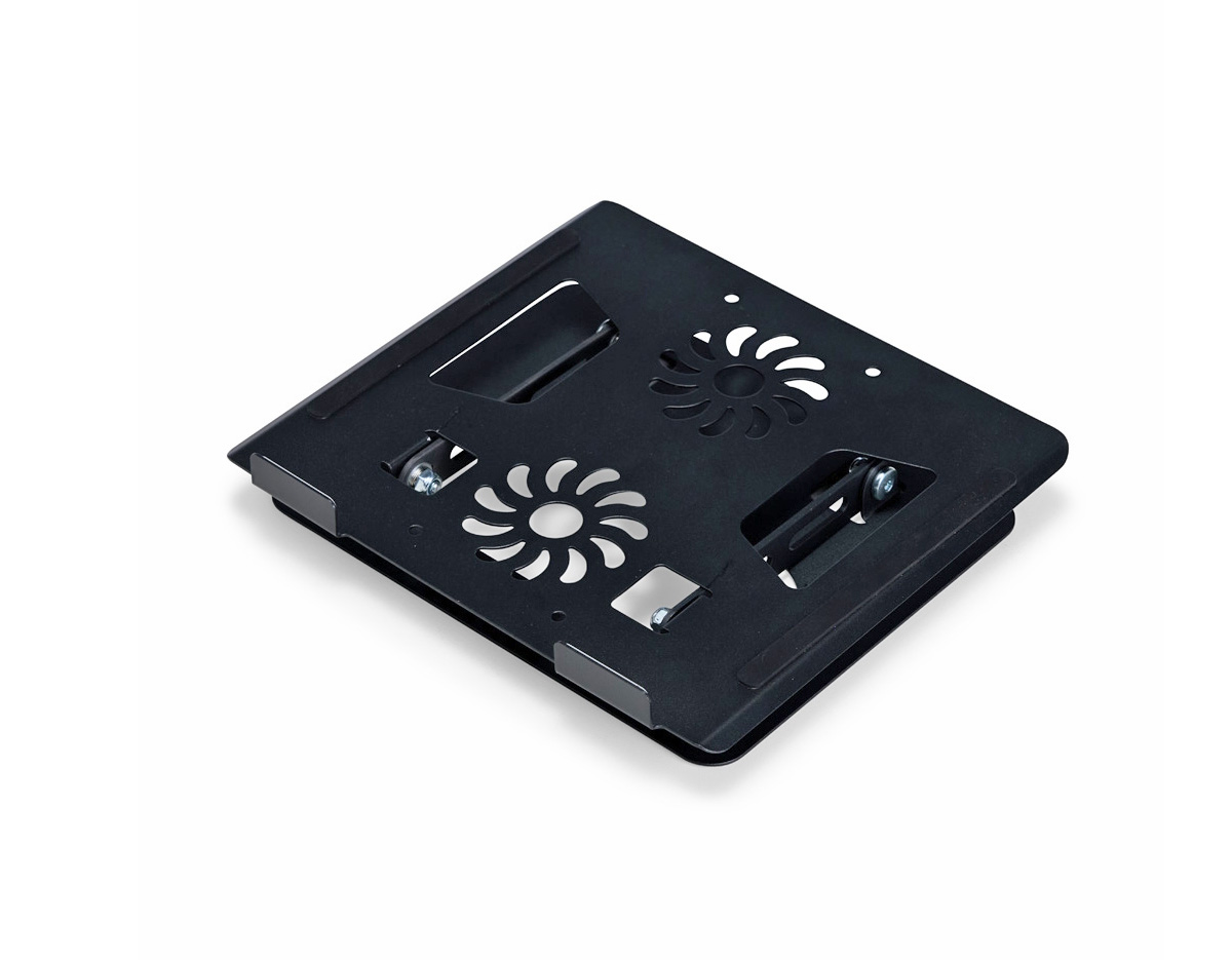Suporte de aço articulado para notebook com ajuste de ângulo, tiras antiderrapantes e aberturas para ventilação. Oferece conforto e ergonomia em casa, no trabalho ou na escola.