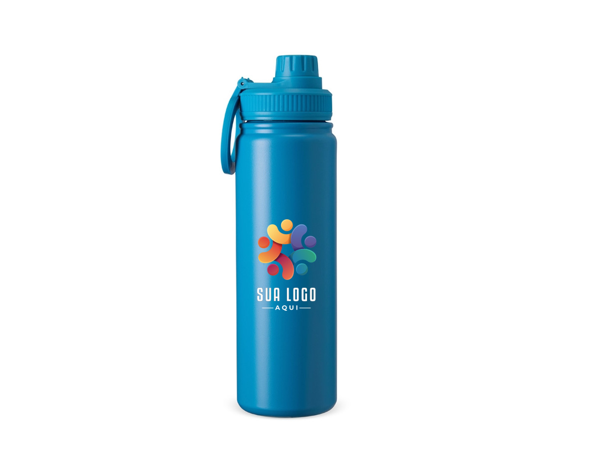 Garrafa térmica em inox com capacidade de 750ml, pintura eletrostática para maior durabilidade e acabamento. Possui parede dupla com isolamento a vácuo, que conserva a temperatura e evita vazamentos. A tampa rosqueável traz alça circular magnética compatível com iPhones.