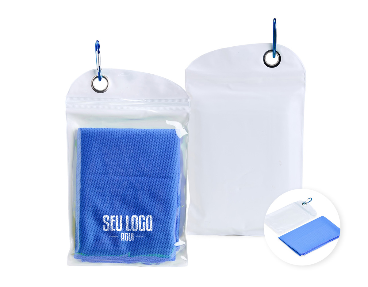 Toalha refrescante ideal para atividades físicas. Para usar, basta molhar, torcer e aplicar sobre a pele para alívio do calor. Macia e reutilizável enquanto estiver úmida. Acompanha embalagem compacta em PVC com mosquetão. Lavar à mão com água fria e sabão neutro.