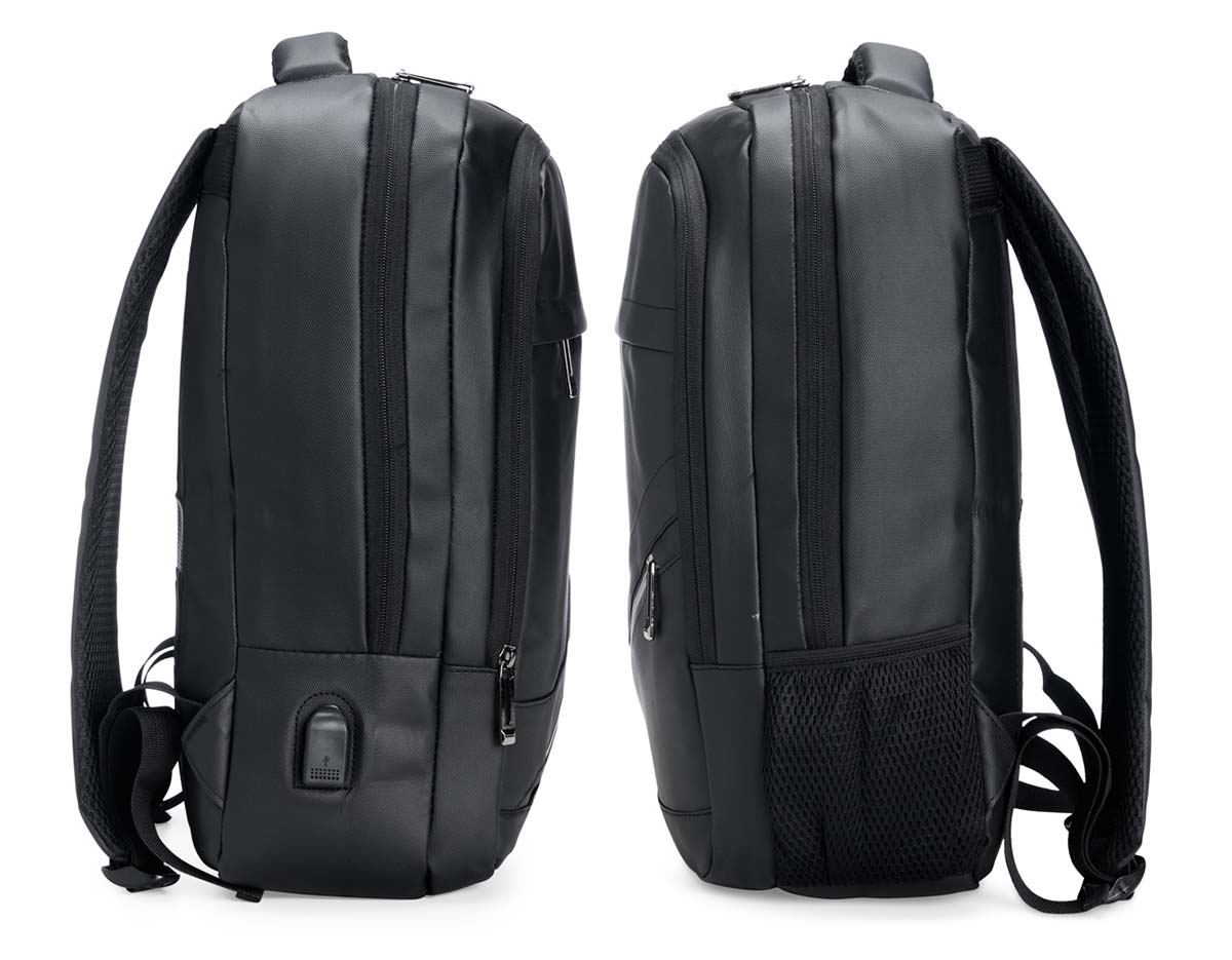 Leve tudo o que precisar para todos os lugares com esta mochila de 18 litros. Feita de couro sintético resistente à água, ela garante a proteção de tudo que há dentro da mochila contra chuva e respingos dágua. Além disso, ela possui dois bolsos na frente, um compartimento no meio que fica à frente da abertura principal e outro bolso lateral em rede para carregar garrafas ou guarda-chuvas. Por dentro, é possível guardar notebooks de até 15,6 polegadas e, em meio ao seu amplo espaço, há um extensor USB para fazer recargas com toda praticidade.