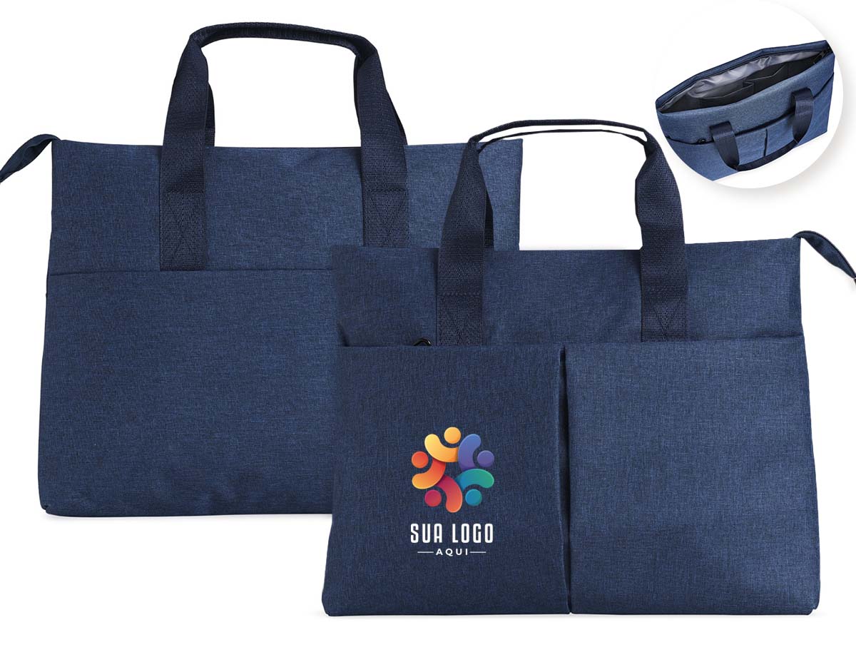 Pasta para notebook de 15 polegadas feita em poliéster resistente à água. Possui dois compartimentos: o principal, com bolsos internos para organização, e um frontal para itens menores.