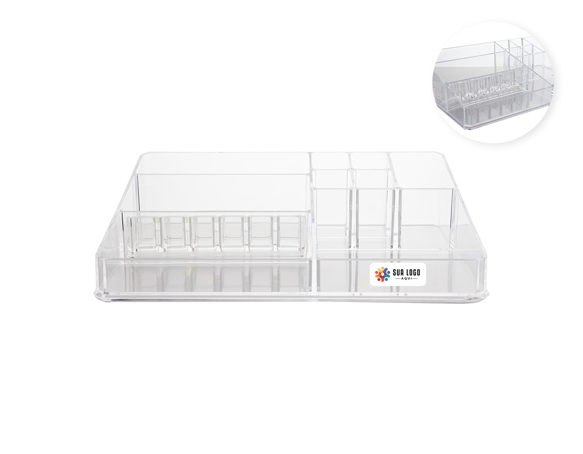 Conjunto de organizadores em acrílico transparente, sendo um modelo grande com 9 divisórias e um modelo pequeno com 12 divisórias. Ideais para organizar itens de forma prática e visualmente limpa.