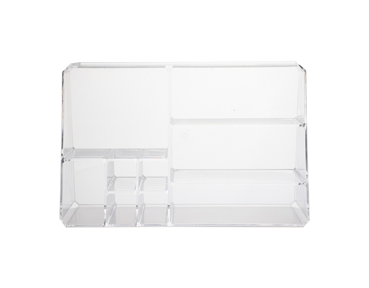 Conjunto de organizadores em acrílico transparente, sendo um modelo grande com 9 divisórias e um modelo pequeno com 12 divisórias. Ideais para organizar itens de forma prática e visualmente limpa.