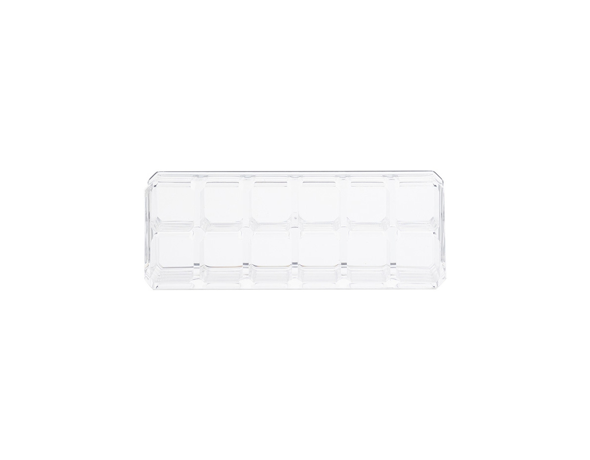 Conjunto de organizadores em acrílico transparente, sendo um modelo grande com 9 divisórias e um modelo pequeno com 12 divisórias. Ideais para organizar itens de forma prática e visualmente limpa.