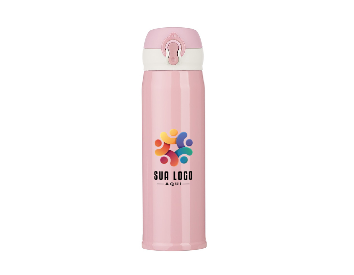 Garrafa térmica de 400ml de inox colorida com botão e válvula para abertura. Possui um sistema de trava (basta mover para cima/baixo para abrir/fechar), pressione o botão central para abrir a tampa(possui na parte interna borracha protetora evitando vazar o líquido). Para abrir a tampa por completo basta rosqueá-la, parte interna revestida em inox. Na embalagem do produto pode ir especificado a capacidade de 450ml ou 500ml devido aos fabricantes que trabalham terem impresso a descrição deste modo, porém ressalvamos a capacidade correta de 400ml.