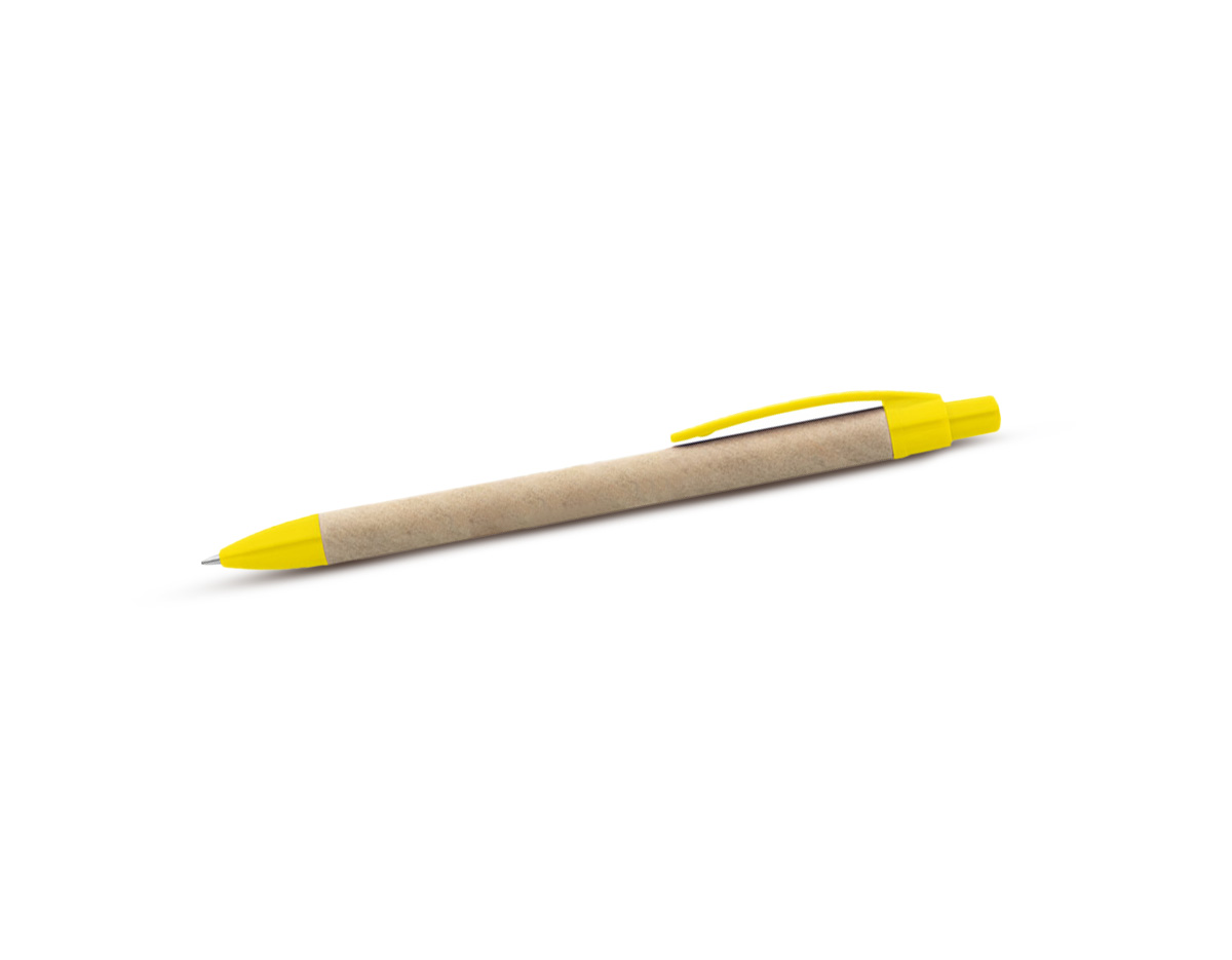 Esferográfica ecológica com corpo em papel kraft, combinando sustentabilidade e estilo. Possui clipe e ponteira em plástico resistente. Dimensões: diâmetro de 10 mm e comprimento de 138 mm. Ideal para ações promocionais e uso diário.