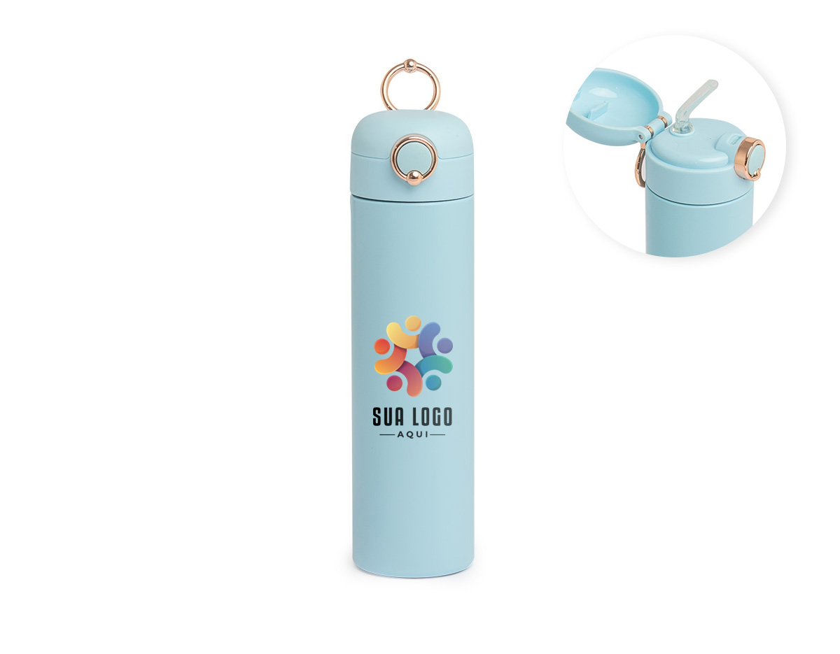 Garrafa térmica feita em inox 304 com parede dupla e capacidade de 500ml. Possui tampa protetora com botão de acionamento para o bico, alça e acompanha um canudo.