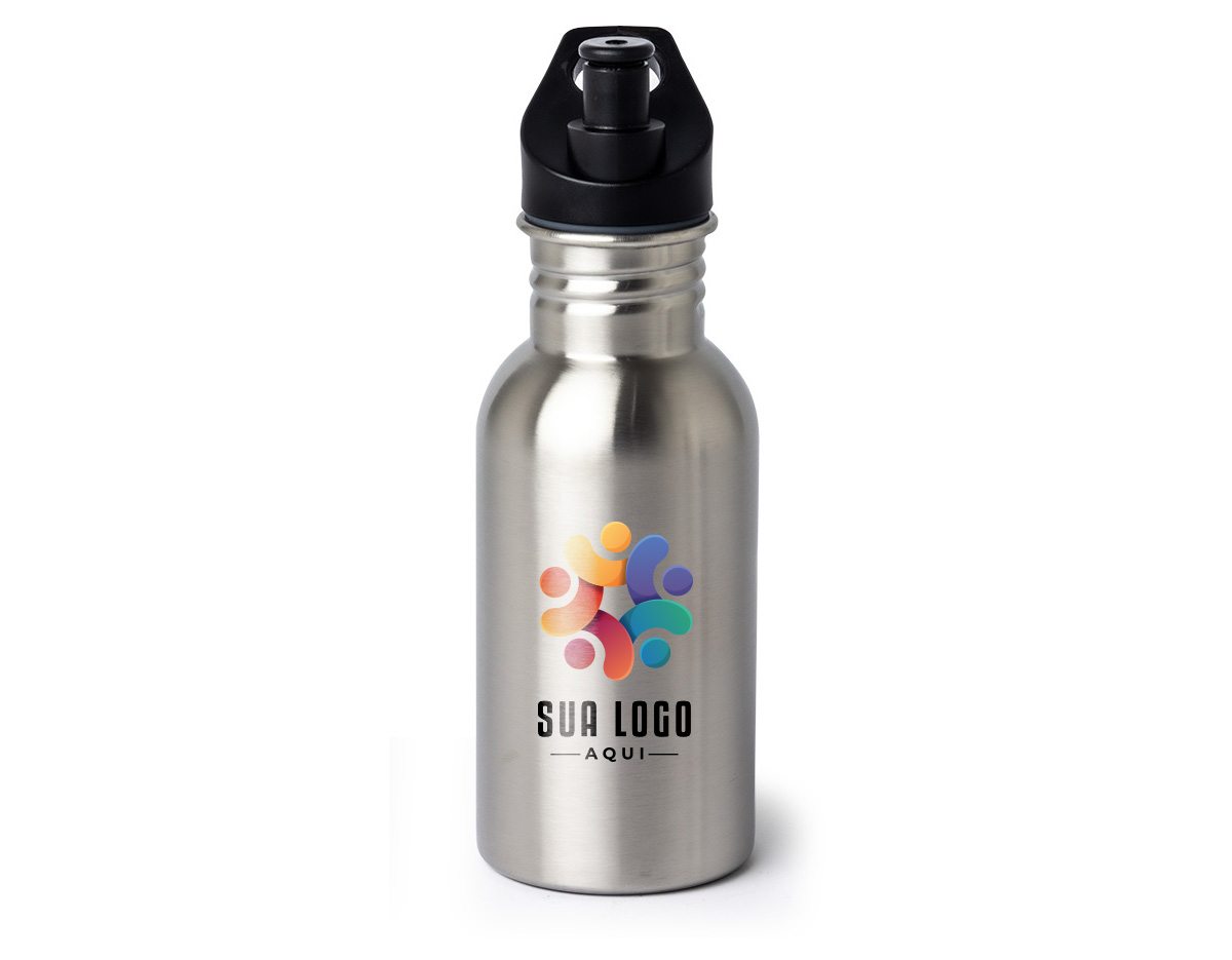Squeeze fabricado em aço inoxidável com capacidade de 550ml. Conta com tampa rosqueável, bico em plástico para fácil consumo e alça integrada, garantindo praticidade no transporte. Ideal para atividades físicas, viagens ou uso diário.