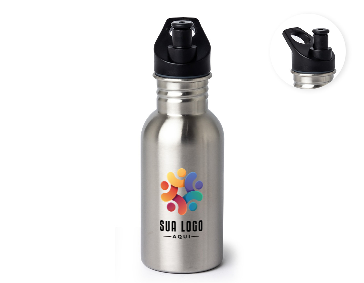 Squeeze fabricado em aço inoxidável com capacidade de 550ml. Conta com tampa rosqueável, bico em plástico para fácil consumo e alça integrada, garantindo praticidade no transporte. Ideal para atividades físicas, viagens ou uso diário.