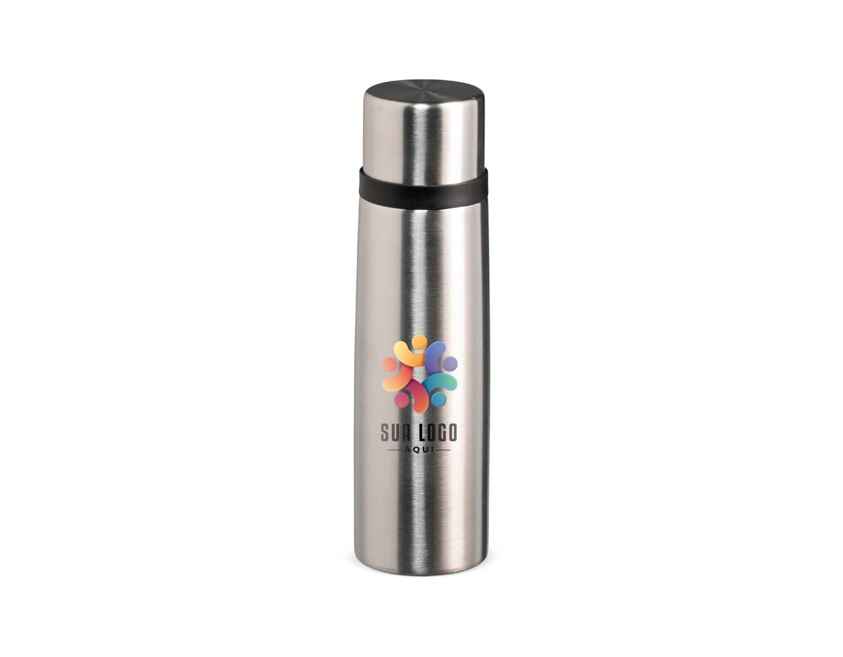 Garrafa térmica em inox com capacidade de 500?ml. Possui tampa que pode ser usada como copo e botão interno que permite abrir e fechar o bocal com praticidade. Ideal para manter bebidas na temperatura desejada.