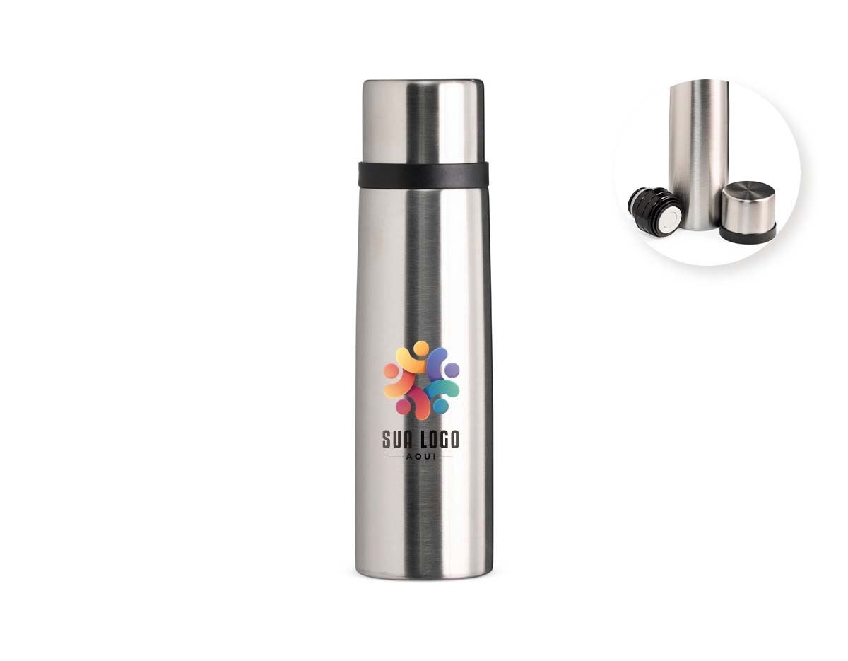 Garrafa térmica em inox com capacidade de 500?ml. Possui tampa que pode ser usada como copo e botão interno que permite abrir e fechar o bocal com praticidade. Ideal para manter bebidas na temperatura desejada.