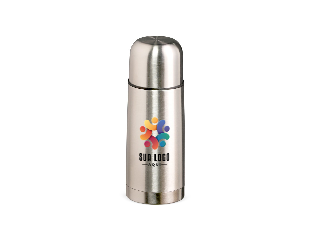 Garrafa Térmica feita em inox com capacidade de 500ml. Contém tampa utilizável como copo e botão interno de acionamento para abrir e fechar o bocal
