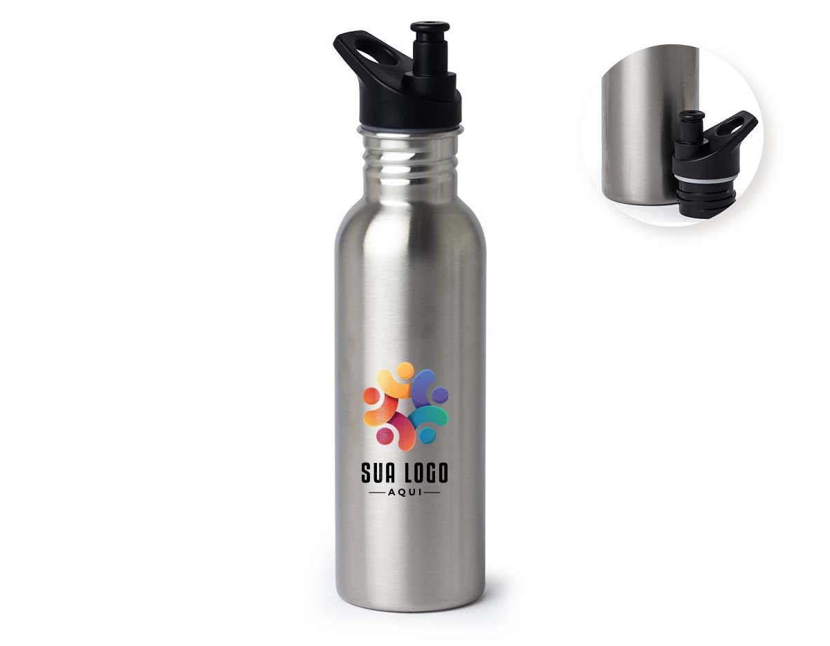Squeeze em inox com capacidade de 700ml, ideal para hidratação no dia a dia ou atividades físicas. Conta com tampa rosqueável, bico plástico para facilitar o consumo e alça integrada que oferece praticidade no transporte. Resistente, durável e com design moderno, é uma excelente opção de brinde ou uso pessoal.  Deseja incluir alguma informação sobre cores ou personalização?